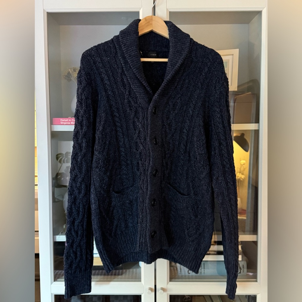 JCrew Cotton Mixed Cable-Knit Navy Blue Cardigan Sweater, Size M